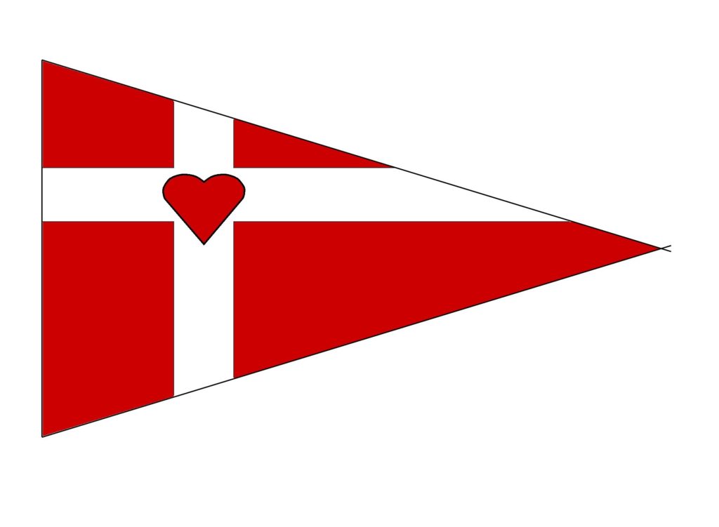 A red triangular pennant flag with a white Scandinavian cross and a red heart shape at the intersection of the cross arms, set against a white background.