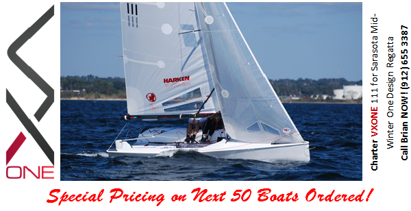 A person sails a VX ONE racing sailboat on blue water. The boat features a white sail with 'HARKEN' branding. Text beside and below the image advertises special pricing for the next 50 boats ordered.