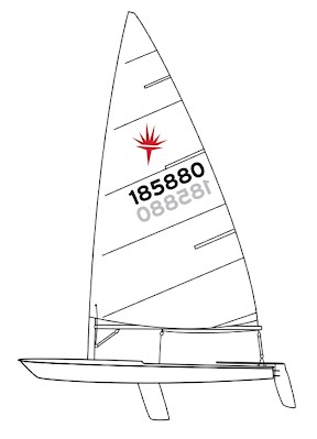 Line drawing of a single-sail sailboat with the number 185880 and a red starburst emblem on the sail, viewed from the side.