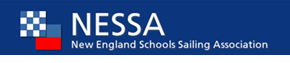 Logo for NESSA, New England Schools Sailing Association, featuring a blue and white checkered pattern and red square on a blue background with the organization's name in white text.