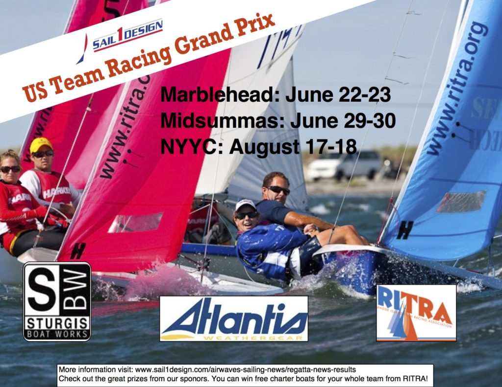 Two colorful sailboats race side by side on the water with crew members in action. Text promotes the US Team Racing Grand Prix with event dates and sponsor logos at the bottom.
