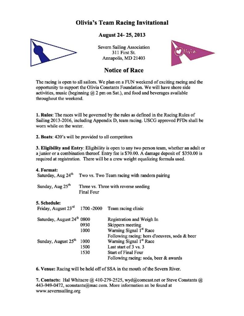 Flyer for Olivia’s Team Racing Invitational event, hosted by Severn Sailing Association, August 24–25, 2013. Details include the event schedule, rules, entry fees, eligibility, boat requirements, and contact information.