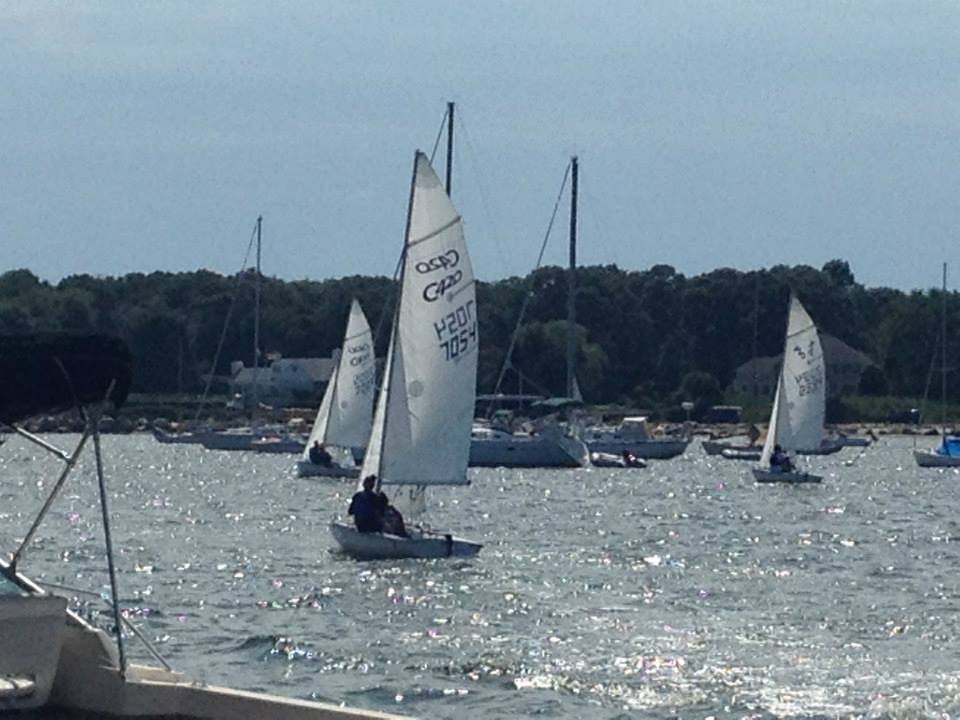 Small sailboats with white sails are sailing on a sunlit body of water, with several people onboard. Other boats and a wooded shoreline with houses are visible in the background under a partly cloudy sky.