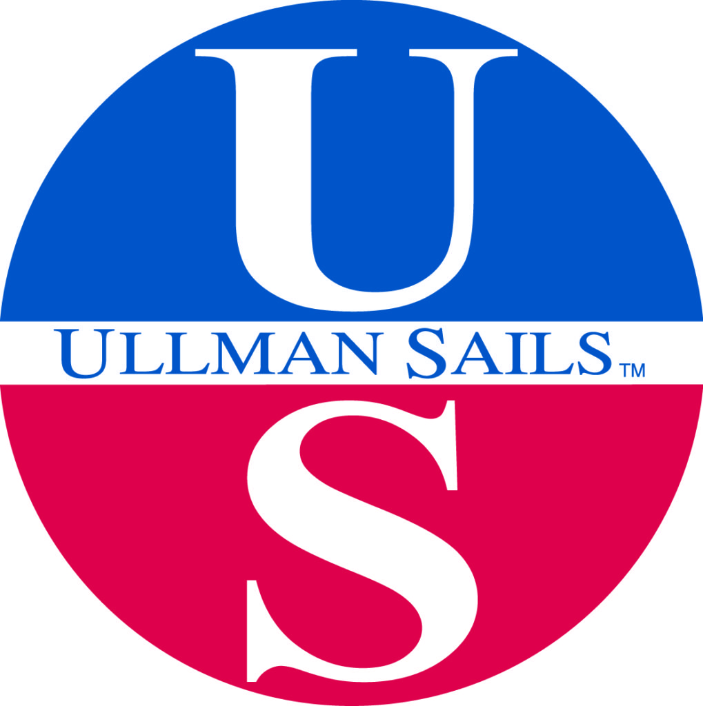 A circular logo split horizontally: the top half is blue with a large white 'U,' the bottom half is red with a large white 'S.' Across the center is a white band with 'ULLMAN SAILS' in blue capital letters.