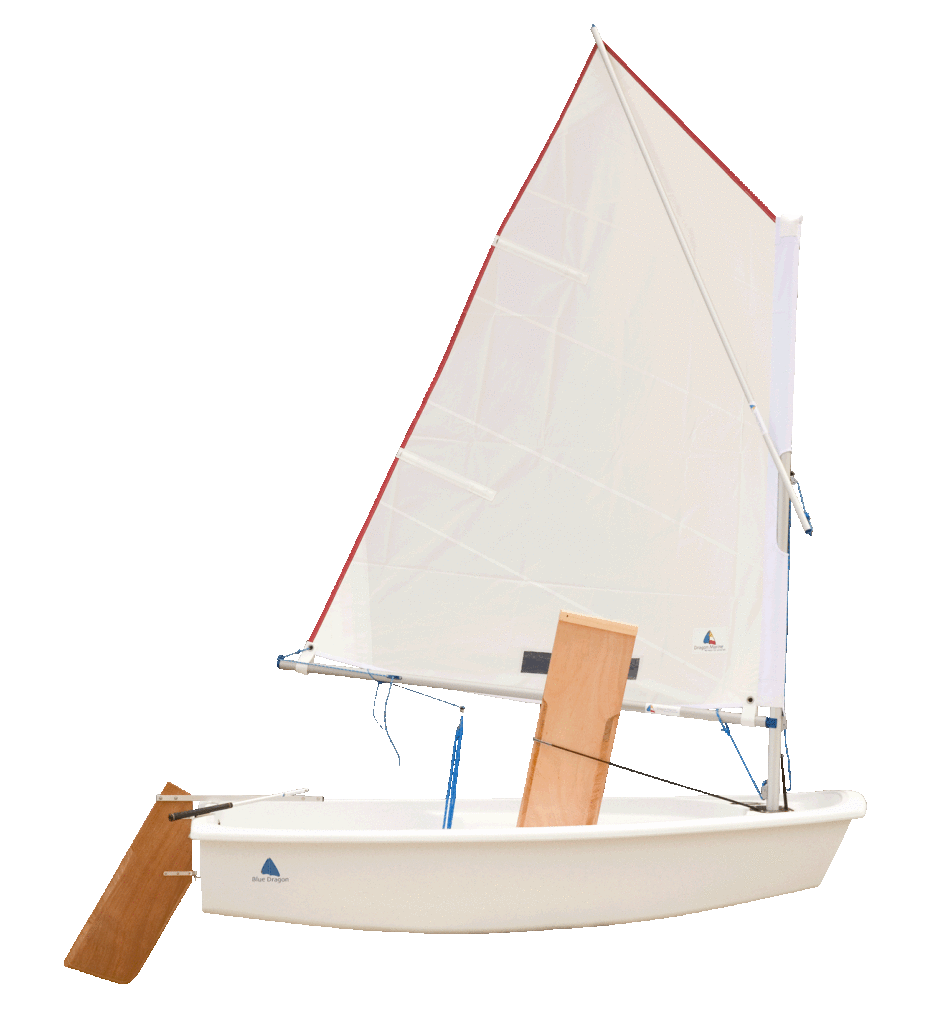 A small white sailboat with a single triangular sail, wooden rudder, and daggerboard, viewed from the side on a white background.