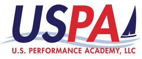 USPA logo with 'U.S. Performance Academy, LLC' written below. The letters 'PA' are in red, and a blue sailboat graphic appears near the end of the 'A' on a blue wave.