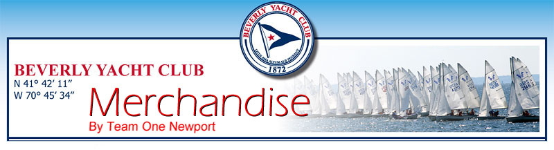 Banner for Beverly Yacht Club Merchandise by Team One Newport, featuring the club’s logo and a line of sailboats on the water. The text includes the club's coordinates and founding year.