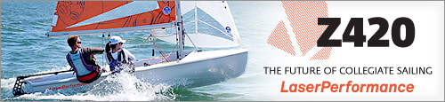 Two people sailing a small white sailboat with orange sails on open water. Text reads: 'Z420 The Future of Collegiate Sailing LaserPerformance.