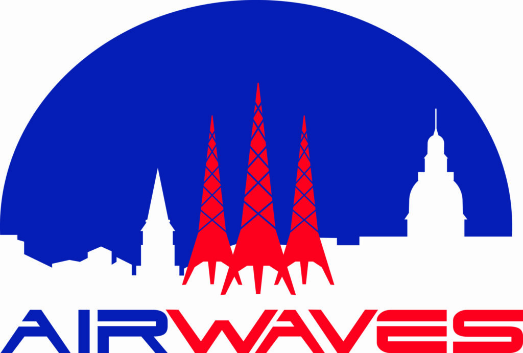 Logo with three red radio towers and a city skyline in white, set against a blue semicircle background. The word 'AIRWAVES' is written below in blue and red capital letters.