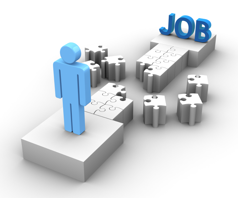 A blue 3D human figure stands on a platform, facing an incomplete puzzle path leading to the word 'JOB' in blue letters on a raised block. The puzzle path symbolizes a journey toward employment.