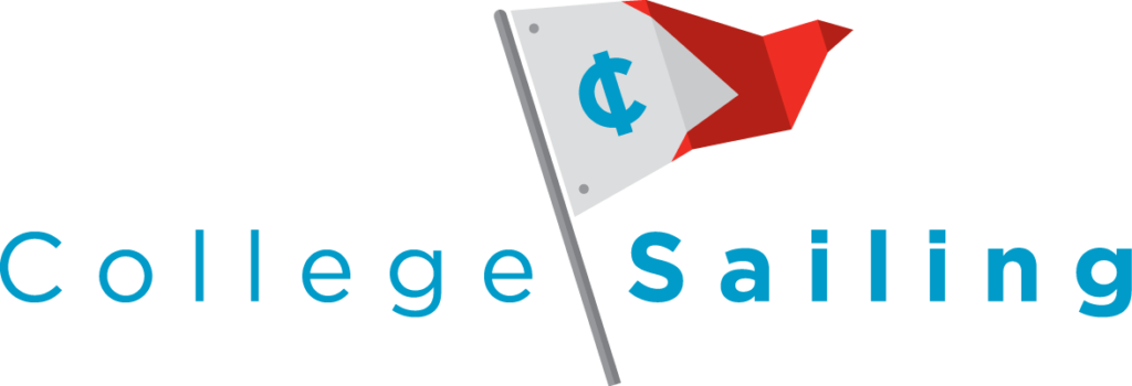 Logo for College Sailing featuring a red and white triangular flag with a blue 'C' on it, positioned on a grey pole, and the words 'College Sailing' in blue text.