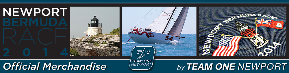 Banner for the 2014 Newport Bermuda Race featuring a lighthouse, a sailboat with the number 54, and a patch with event details, promoting official merchandise by Team One Newport.