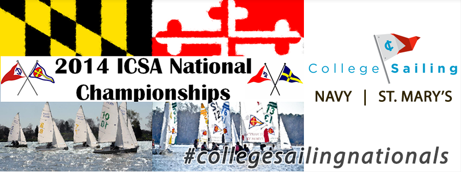 Banner for the 2014 ICSA National Championships with state flags, sponsor logos for College Sailing, Navy, and St. Mary's, and a fleet of sailboats racing on the water. Text: '#collegesailingnationals.