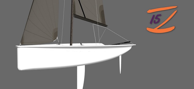 Side view illustration of a modern white sailboat with black sails on a gray background. An orange and purple '15Z' logo is displayed in the top right corner.