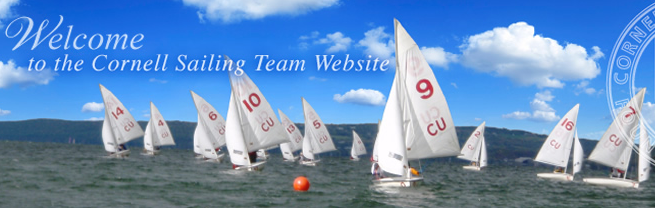 Sailboats with white sails, marked with numbers and 'CU,' race on a lake under a blue sky with scattered clouds. Text reads, 'Welcome to the Cornell Sailing Team Website.