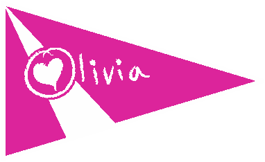 A bright pink triangular pennant with a white stripe and a heart inside a circle next to the handwritten name 'olivia' in white.