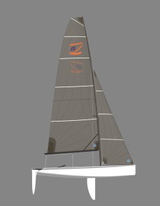 A digital rendering of a sleek, modern sailboat with dark gray sails and an orange 'Z' logo, shown in profile against a plain gray background.
