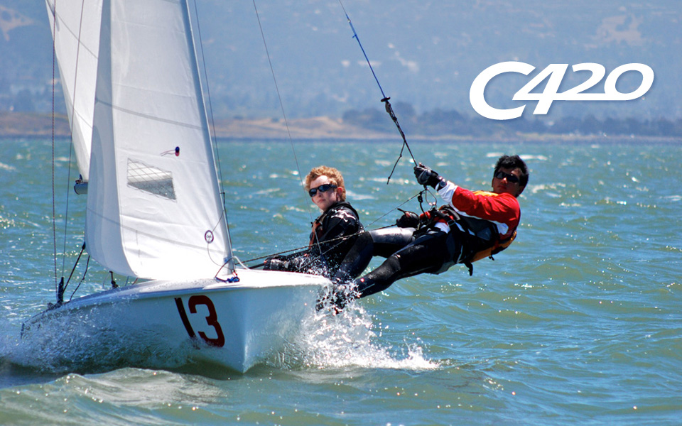 Two people sailing a small white C420 sailboat with the number 13, leaning out over the water in harnesses, with mountains visible in the background and the text 'C420' in the sky.
