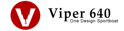 Logo with a large white 'V' and small red viper head on a red circle, next to the text 'Viper 640 One Design Sportboat' in black font.