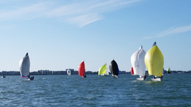 Sailboats with colorful spinnakers, including yellow, white, black, and red, race on a sunny day with calm waters and a distant shoreline under a blue sky.