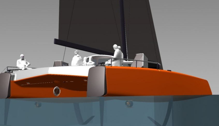 A digital rendering of a modern orange and white catamaran sailboat on the water, with four human figures on deck and a large black sail in the background.