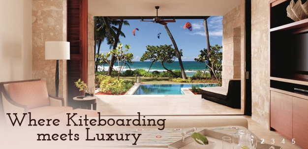 A luxurious beachfront suite opens to a pool and garden with palm trees, overlooking the ocean where kiteboarders are riding the waves. Text reads: 'Where Kiteboarding meets Luxury.