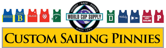 A row of colorful custom sailing pinnies with various logos and names is displayed above the 'World Cup Supply' logo and the bold yellow banner text 'Custom Sailing Pinnies.