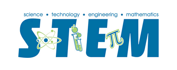The word 'STEM' in large blue letters with scientific icons: an atom for 'S,' a flask and test tube for 'T,' a pi symbol for 'E,' and 'M.' Above are the words science, technology, engineering, and mathematics.