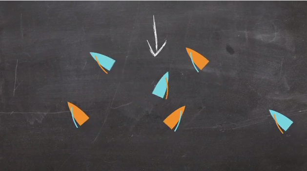 Simple triangular shapes in orange and blue are scattered on a blackboard background, with a white arrow pointing downward at the center.