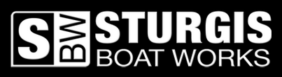 Logo for Sturgis Boat Works featuring a bold white 'S' and the letters 'BW' inside a rectangular outline, with 'STURGIS BOAT WORKS' in large white text on a black background.