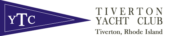 Logo for the Tiverton Yacht Club, featuring a dark blue pennant with 'YTC' in white letters and the text 'Tiverton Yacht Club, Tiverton, Rhode Island' in gray to the right.