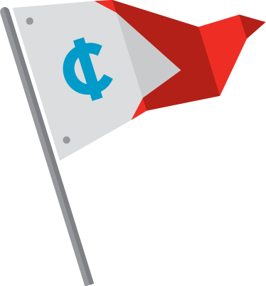 An illustrated triangular flag with a red tip and white base featuring a blue cent symbol, attached to a gray pole.