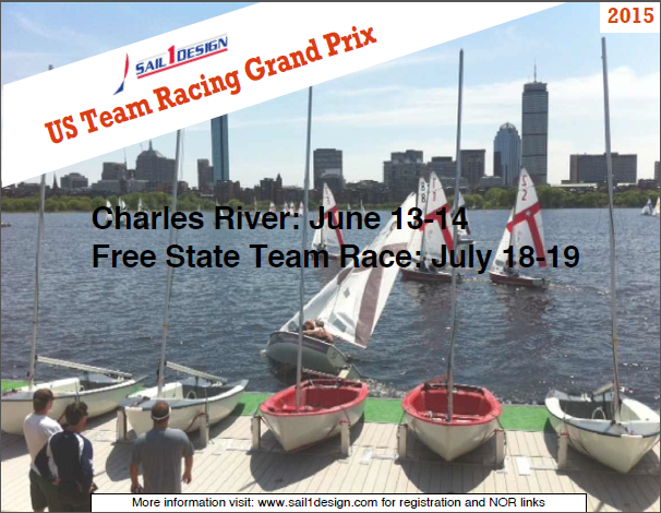 Sailboats docked by the Charles River with several teams preparing for a race, Boston city skyline in the background. Text details 2015 US Team Racing Grand Prix dates and event info.