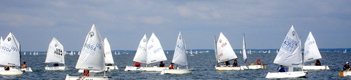 A group of small sailboats with white sails, each carrying one person, floats on calm water under a partly cloudy sky. More sailboats are visible in the distance.