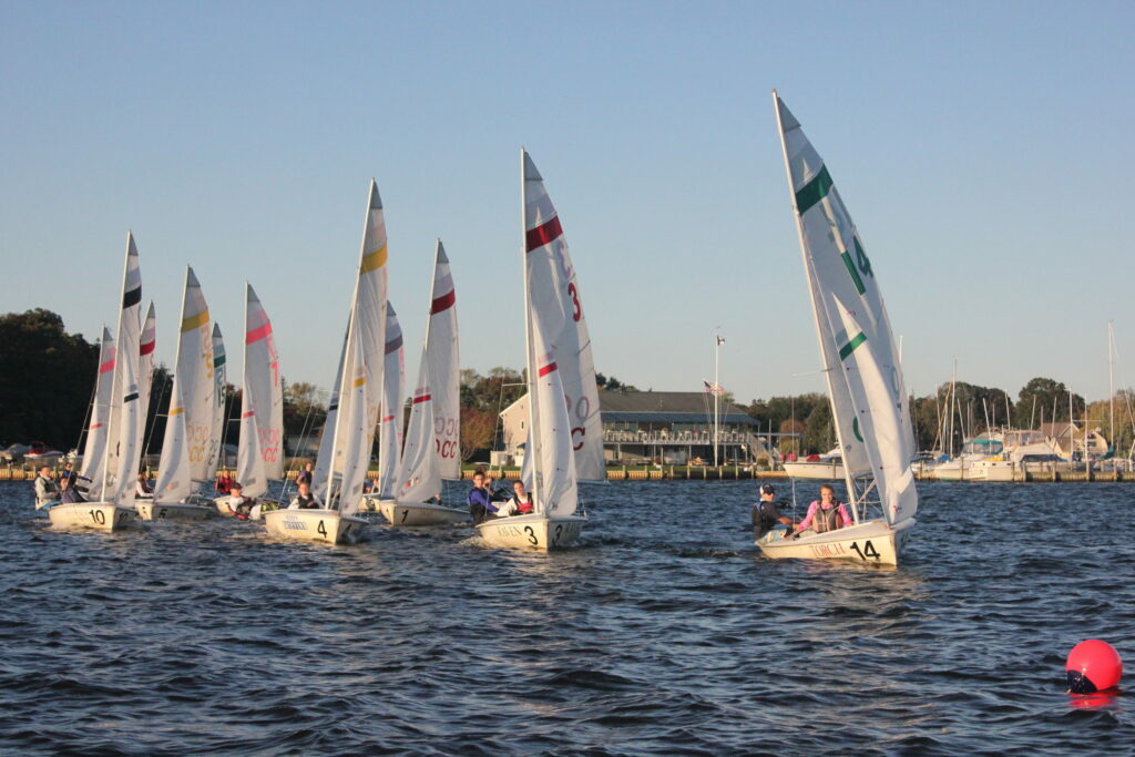 A group of small sailboats with numbers on their sails race close together on a sunny day, with a red buoy in the water and a marina with buildings and trees in the background.