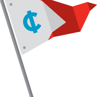 A red and white flag on a pole, featuring a blue cent (¢) symbol in the center of the white section.