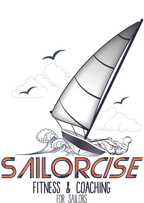 Illustration of a sailboat on the water with a person exercising on board, birds and clouds in the background. Text below reads 'Sailorcise Fitness & Coaching for Sailors.