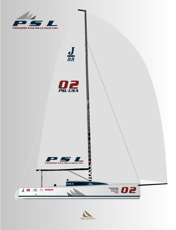 A side view illustration of a racing sailboat labeled '02' with 'PSL-USA' and 'Premier Sailing League USA' logos on its sail and hull. The boat has a large white sail and a sleek design, set against a light background.