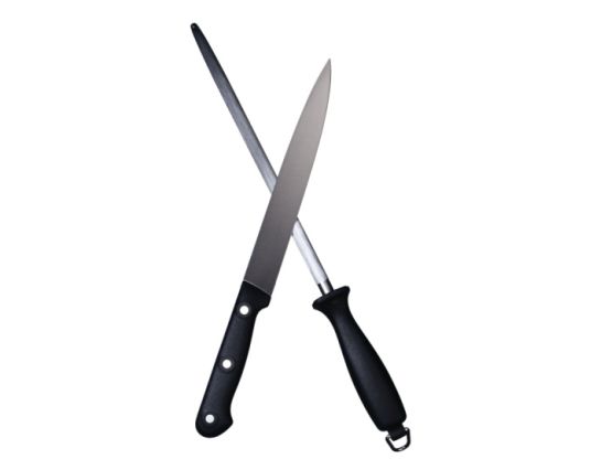 Two kitchen tools with black handles crossed on a white background: a sharpening steel and a slicing knife, both with long, slender blades.