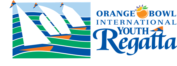 Logo for the Orange Bowl International Youth Regatta featuring three white sailboats on stylized blue and green waves, and event name with an orange graphic above the word 'Regatta.