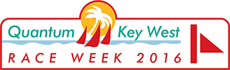 Logo for Quantum Key West Race Week 2016, featuring palm trees, red sails, a yellow sun, blue waves, and a red race flag on the right side.