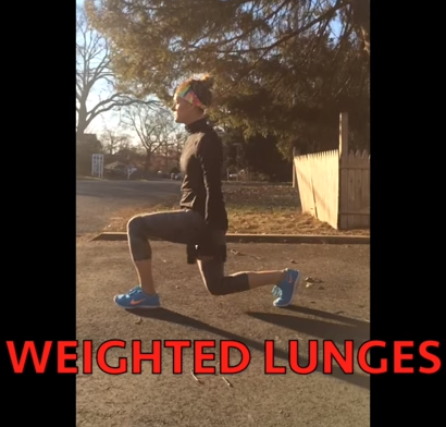 A person outdoors performs a weighted lunge, holding dumbbells at their sides. They wear athletic clothing and blue shoes. Large red text at the bottom reads, “WEIGHTED LUNGES.”.