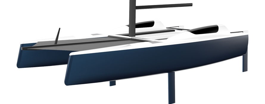 A digital rendering of a modern blue and white catamaran sailboat with two hulls and a central mast, shown from a front-side angle on a white background.