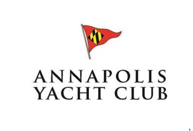 Logo of the Annapolis Yacht Club featuring a red pennant with a black and yellow design above the club’s name in bold, black capital letters on a white background.