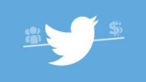 Large white Twitter bird logo centered on a blue background, with icons of people on the left and a dollar sign on the right, connected by a horizontal line behind the bird.