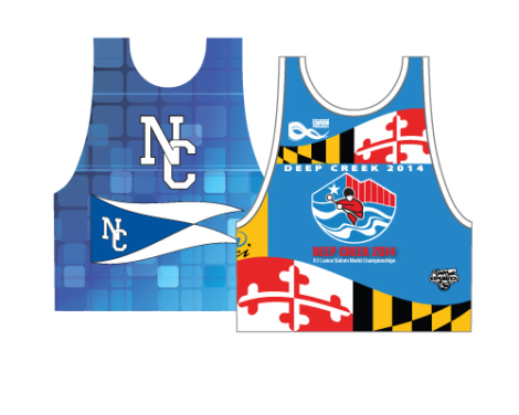Two blue athletic vests with NC logos. The front has a blue and white NC pennant on a grid pattern. The back features a sailing graphic, the text 'Deep Creek 2014,' and elements of the Maryland flag.