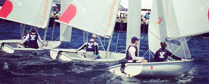 Three small sailboats with 'Y' logos on the sailors' shirts compete in a race on choppy blue water near a dock, with people visible on the pier in the background.