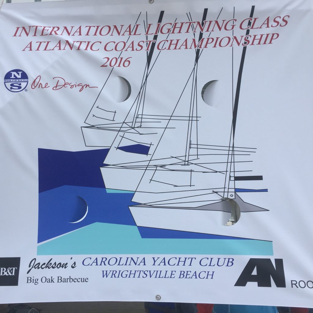 Banner for the 2016 International Lightning Class Atlantic Coast Championship at Carolina Yacht Club, Wrightsville Beach, featuring stylized sailboats and sponsor logos, including Jackson's Big Oak Barbecue and AN Roofing.