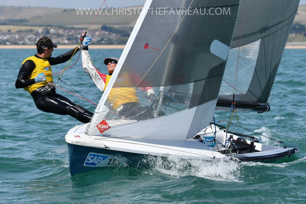 Two sailors in wet suits and life jackets are racing on a sailboat, leaning out over the water for balance. The boat tilts as it cuts through the waves on a sunny day, with hills and buildings visible in the background.