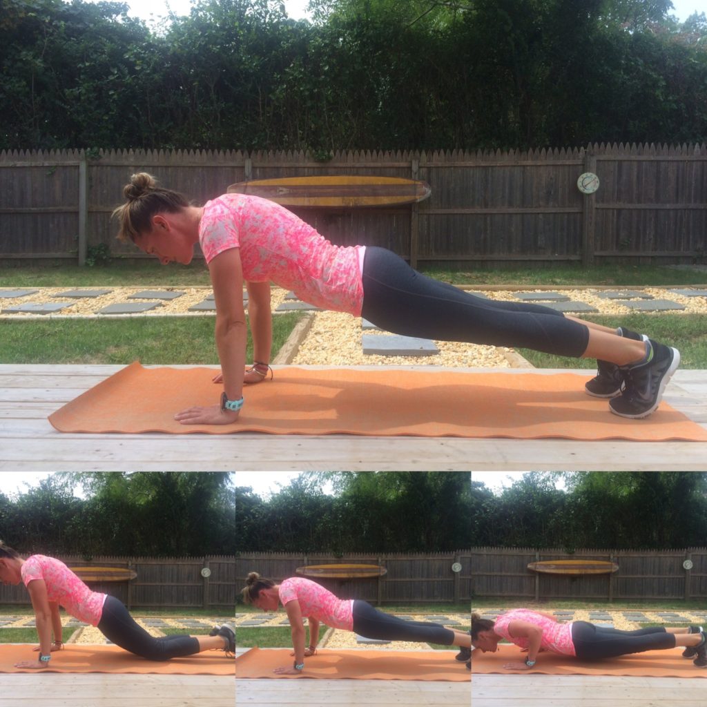 A woman in athletic wear demonstrates a push-up sequence on an orange mat outdoors, starting in a plank position and lowering her body, with a wooden fence and greenery in the background.